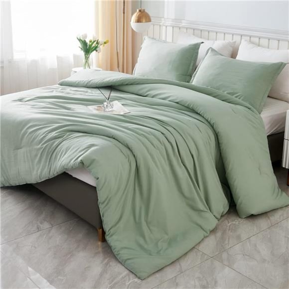 Comforter Full Size Set Sage Green,3 Pieces Lightweight Bed Comforter Full,Solid - Picture 2 of 8